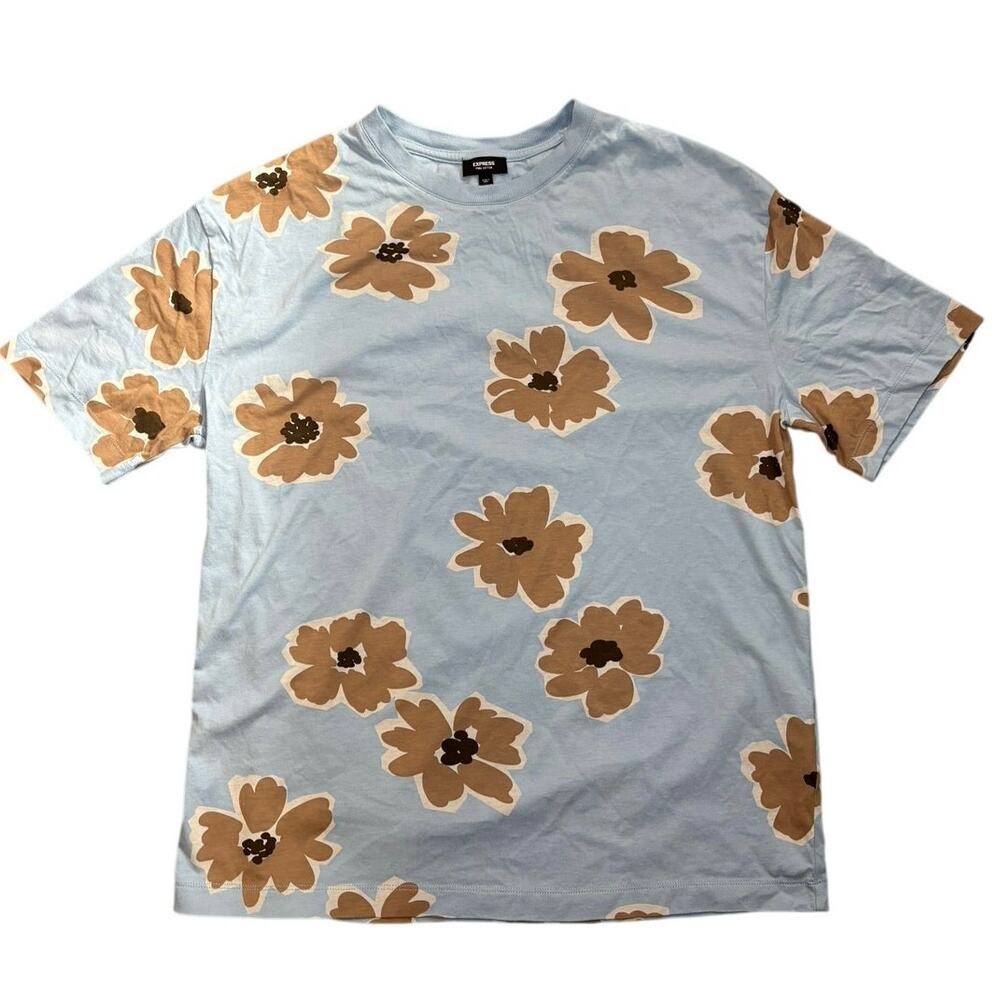 100% Pima Cotton Express Light Blue Floral Print Tshirt Women's Medium